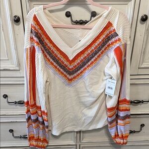 Free People V-Neck Waffle Knit Sweater with Chevron Stripe NWT